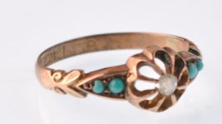 An Edwardian 9ct gold turquoise and diamond dress ring. The central rose diamond between 2 stone
