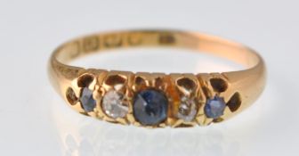 A late Victorian 18ct gold sapphire and diamond 5 stone ring.  Hallmarked for Birmingham 1895.