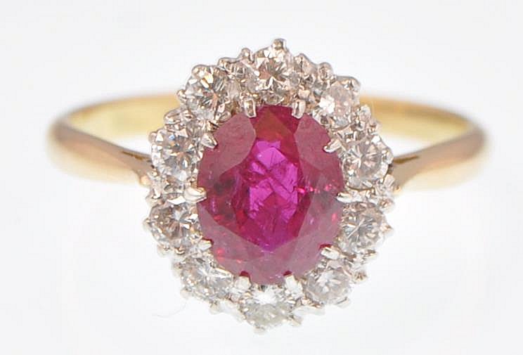 18CT GOLD PLATINUM RUBY AND DIAMOND CLUSTER RING