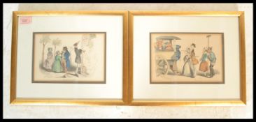 A pair of 19th Century French coloured etchings on