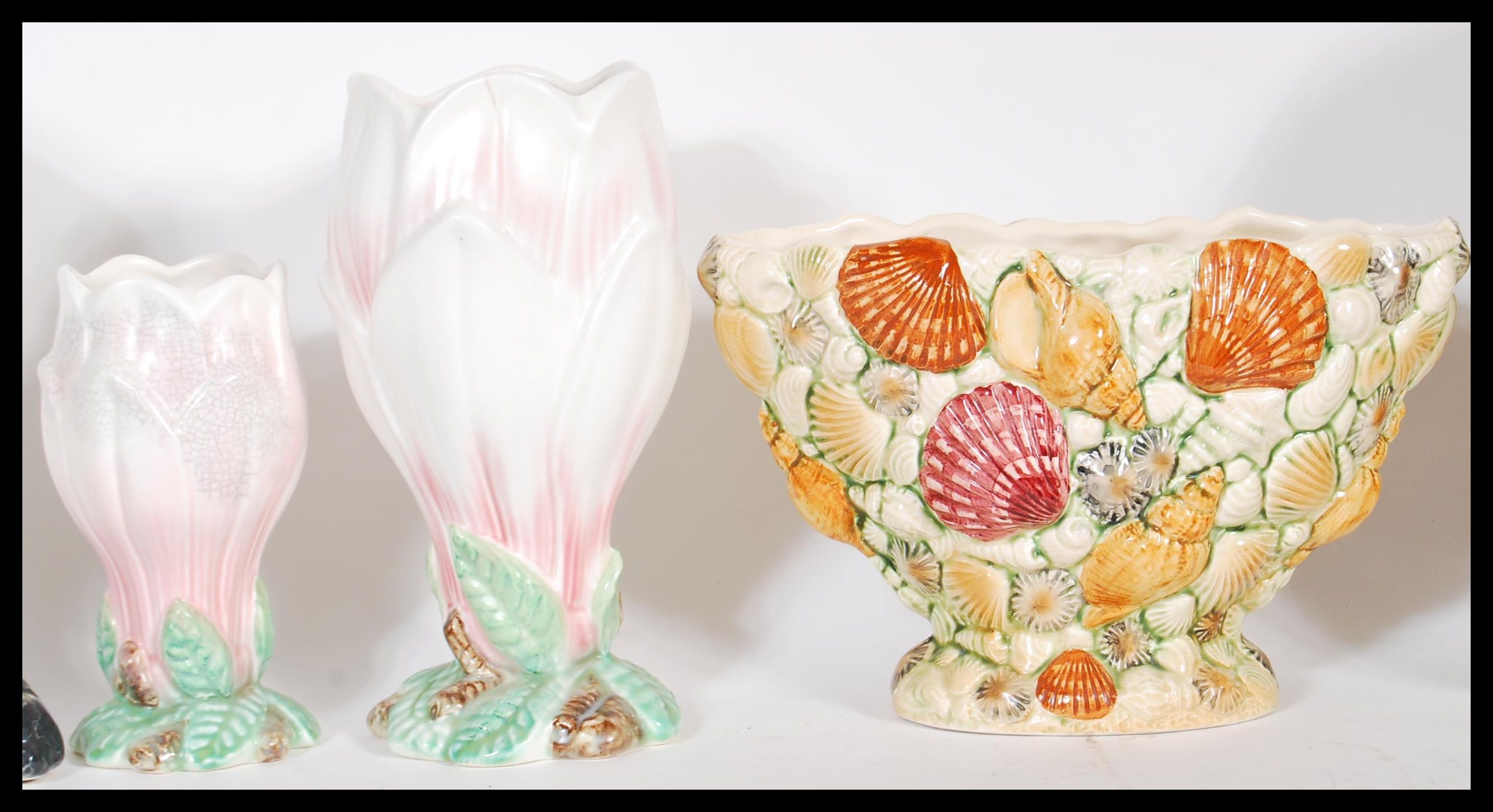 A group of six 20th Century Sylvac vases to include two Magnolia vases in pink and white, with - Image 3 of 10