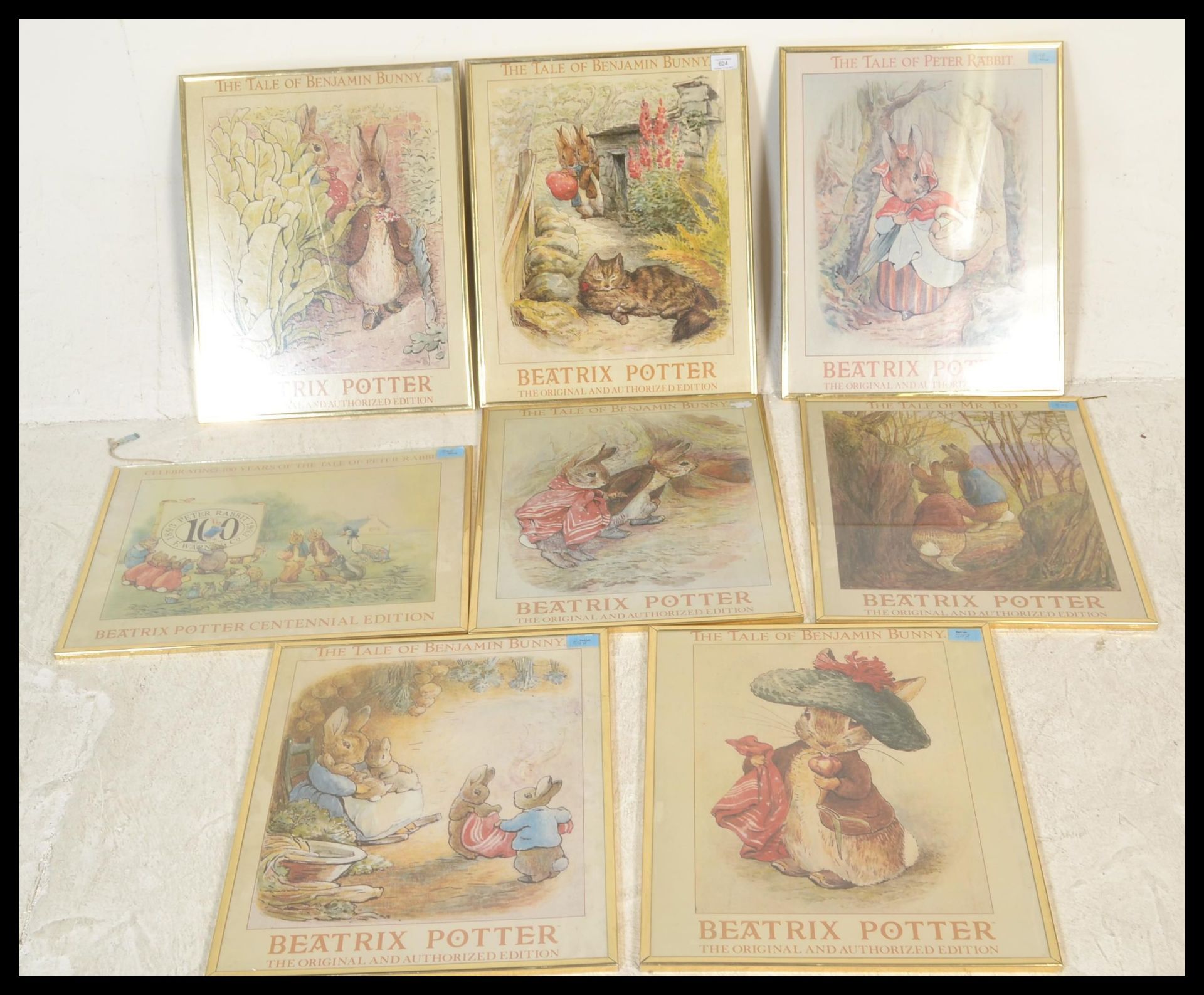 A collection of eight framed and glazed Beatrix Potter prints featuring Peter Rabbit and friends