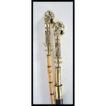 A pair of 20th Century walking sticks/ canes, one having a bamboo shaft with brass rams head a top