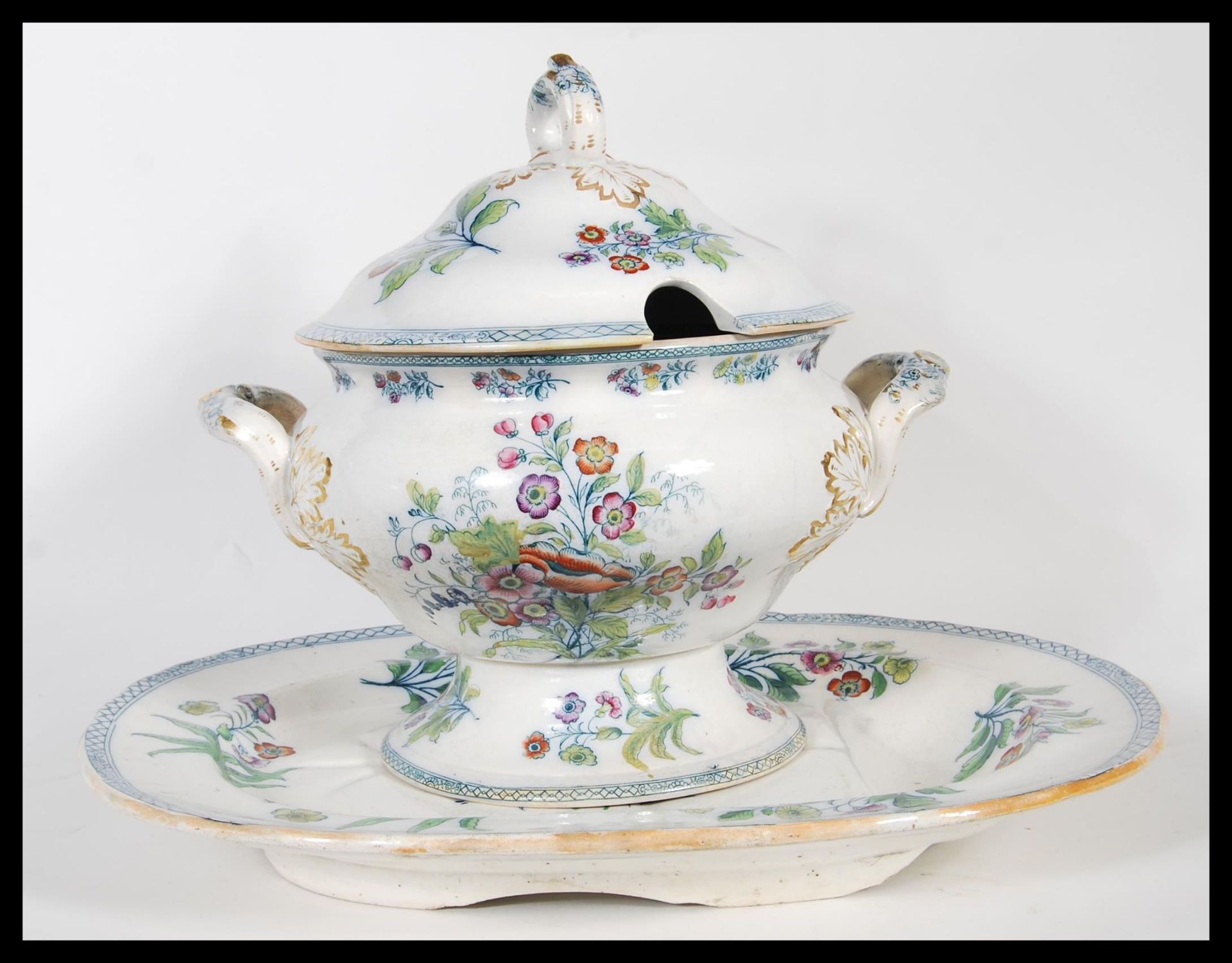 A 19th Century Victorian tureen and cover along with matching meat/ serving plate, having coloured