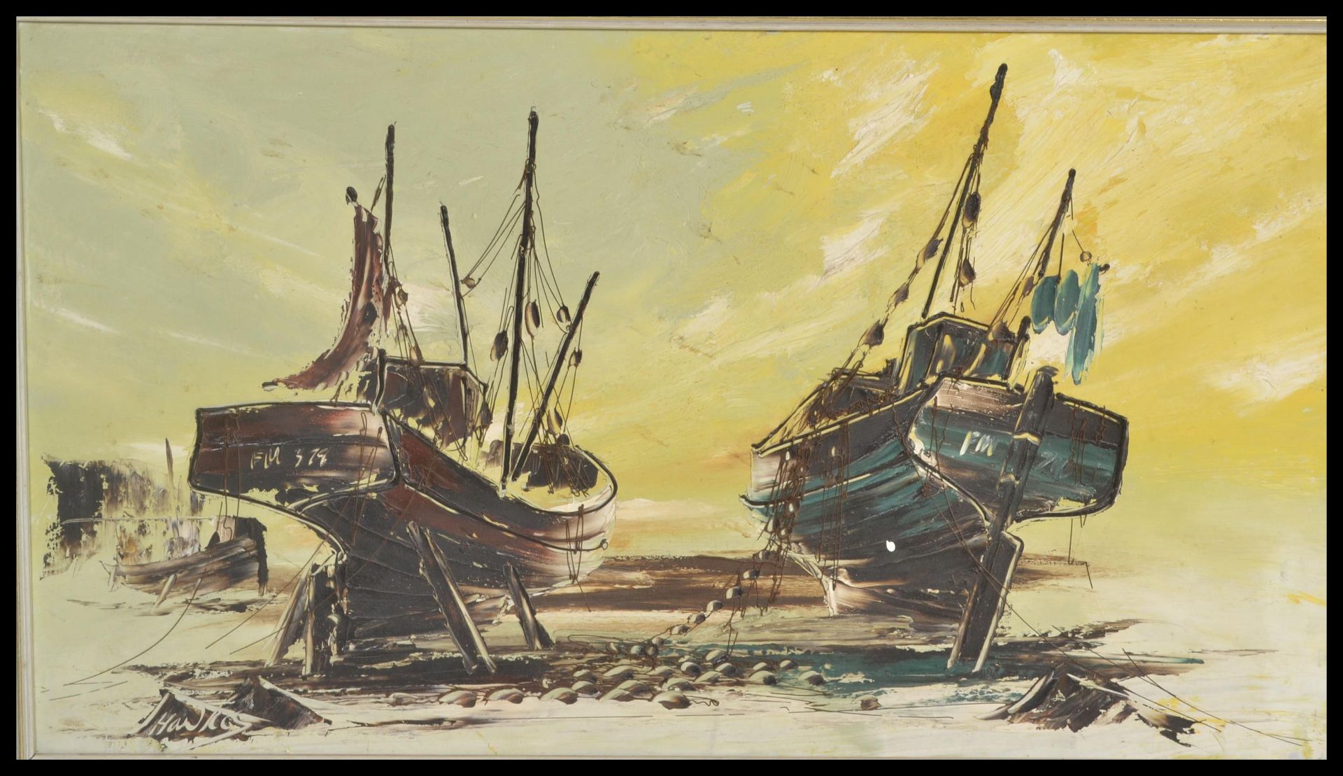 Bill Hawkes Artist - A 1970's oil on canvas Brixham trawlers seascape harbour scene in the - Bild 2 aus 3