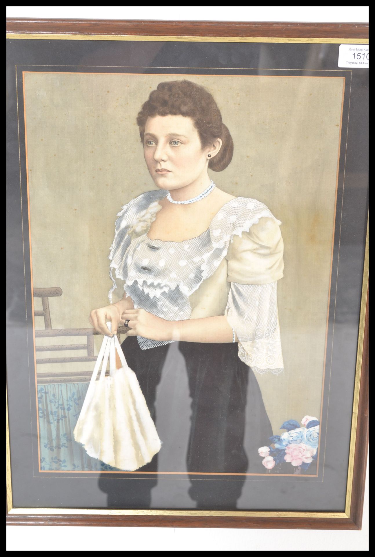 A late 19th century Victorian/ early 20th Century Edwardian gouache portrait of a women on silk. The - Image 2 of 3