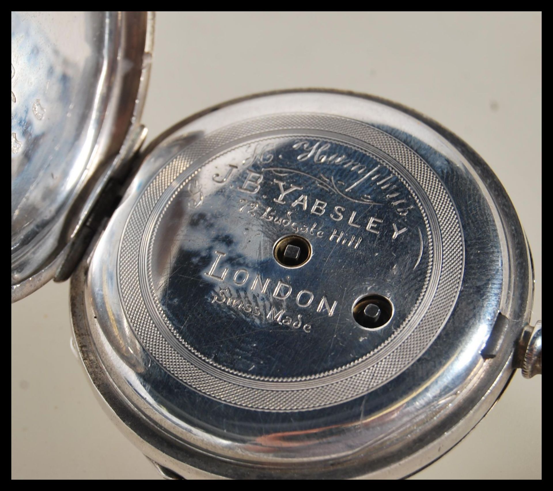 An early 20th century 935 silver Swiss pocket watch  being marked for JB Yabsley of London. Open - Image 6 of 7