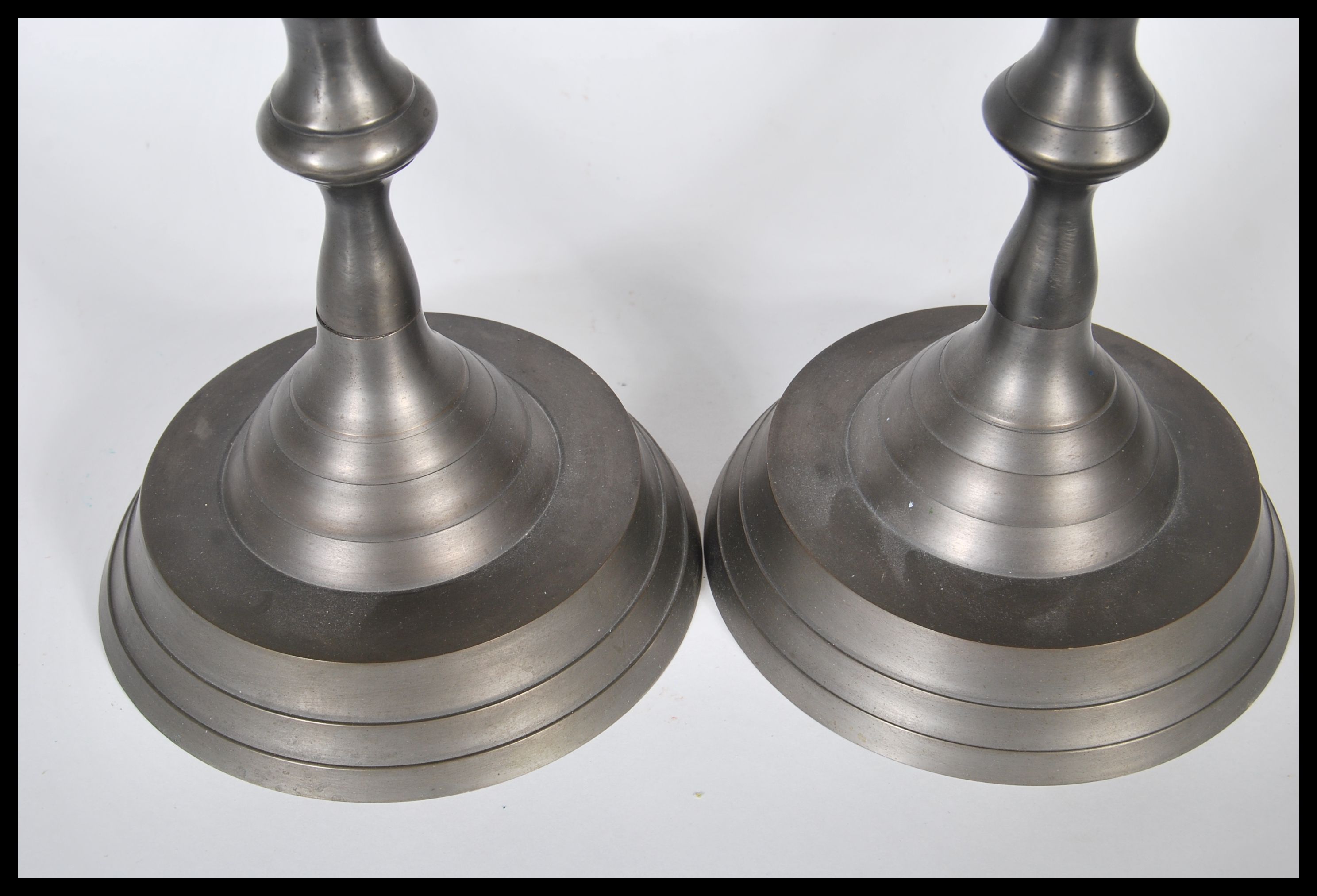 A matching pair of 18th Century style pewter ecclesiastical alter table candlesticks of large - Image 2 of 5