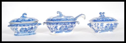 A set of three 19th Century Staffordshire blue and white tureens and covers of small proportion (
