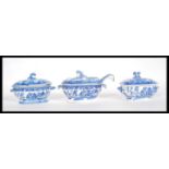 A set of three 19th Century Staffordshire blue and white tureens and covers of small proportion (