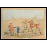 A 19th Century etching on paper depicting a country hunting scene with three figures on horses and