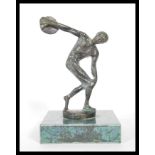 A 20th century patinated bronze cast figure of a classical discus thrower, raised  on a marble