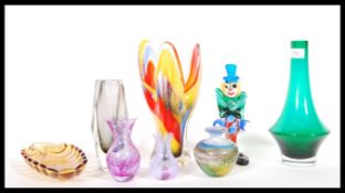 A small collection of retro 20th Century glass to include, a Murano triform vase being multi