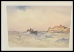 A framed and glazed watercolour painting by Francis S. Leke, the watercolour of a coastal scene