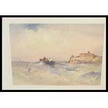 A framed and glazed watercolour painting by Francis S. Leke, the watercolour of a coastal scene