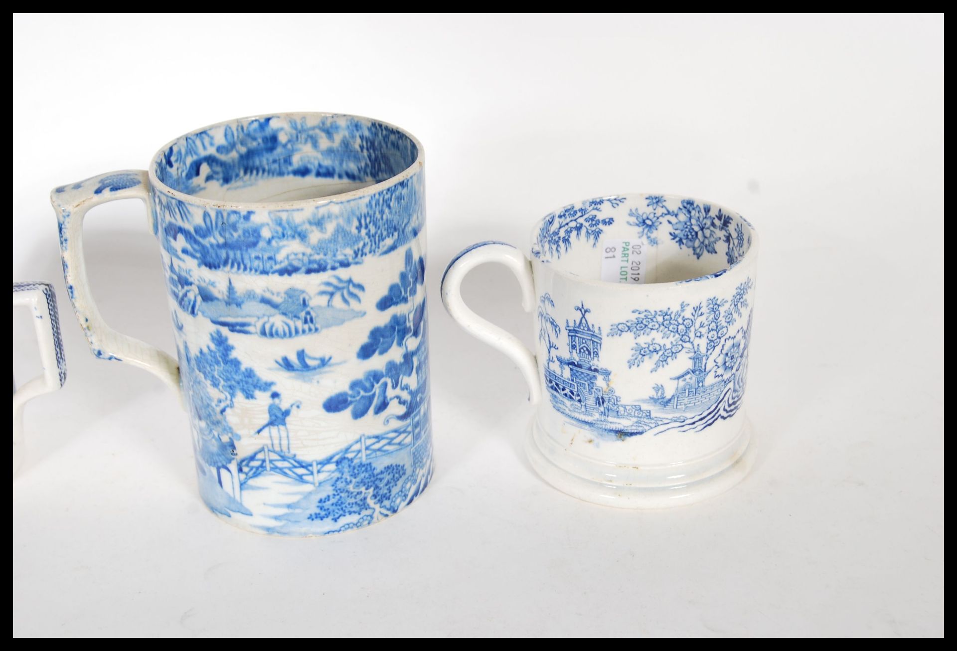A collection of 19th Century Victorian Staffordshire mugs and cups, most having blue and white - Bild 7 aus 13
