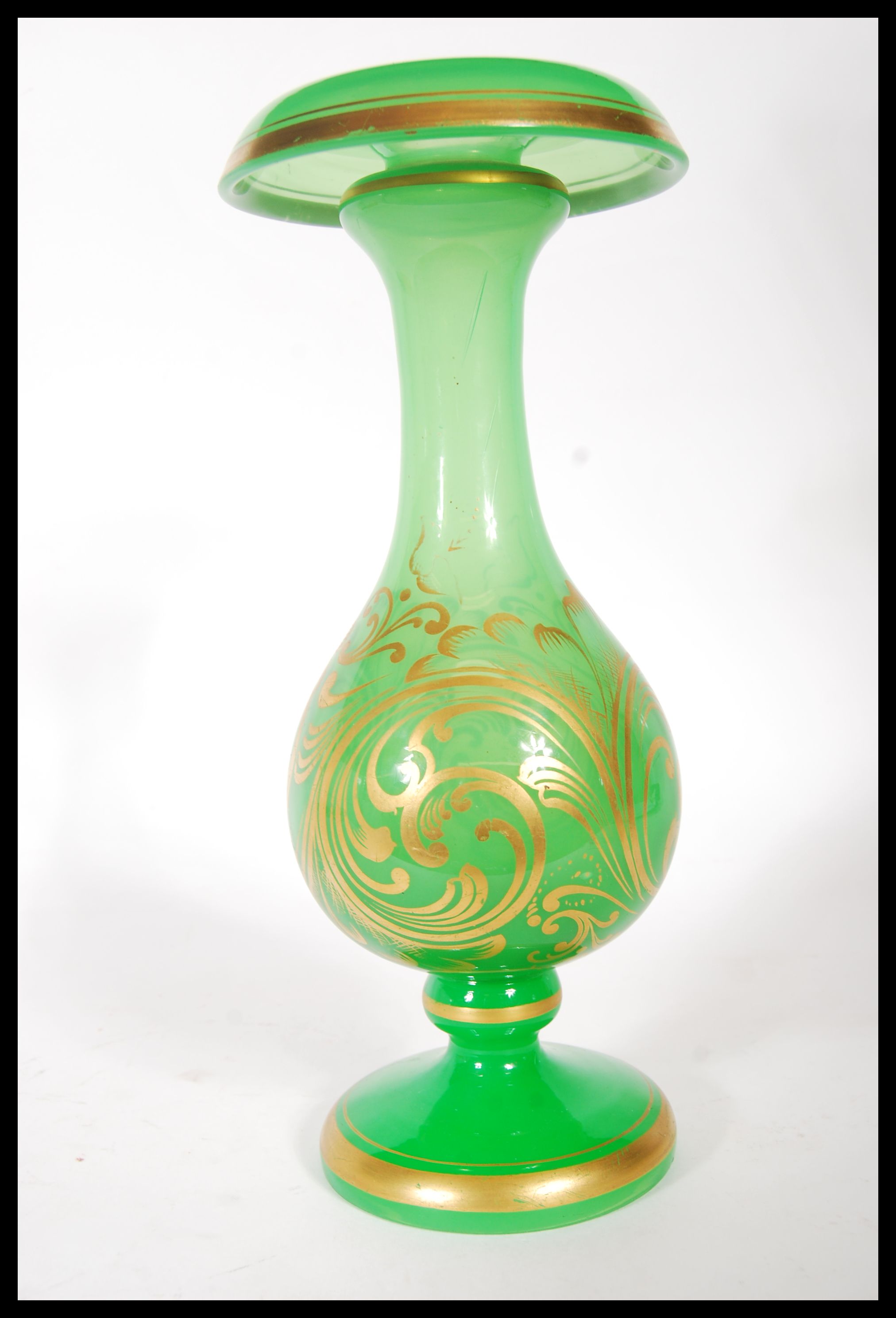 A 19th Century Victorian glass vase, having green opaline ground with gold gilt scroll and floral - Image 2 of 6