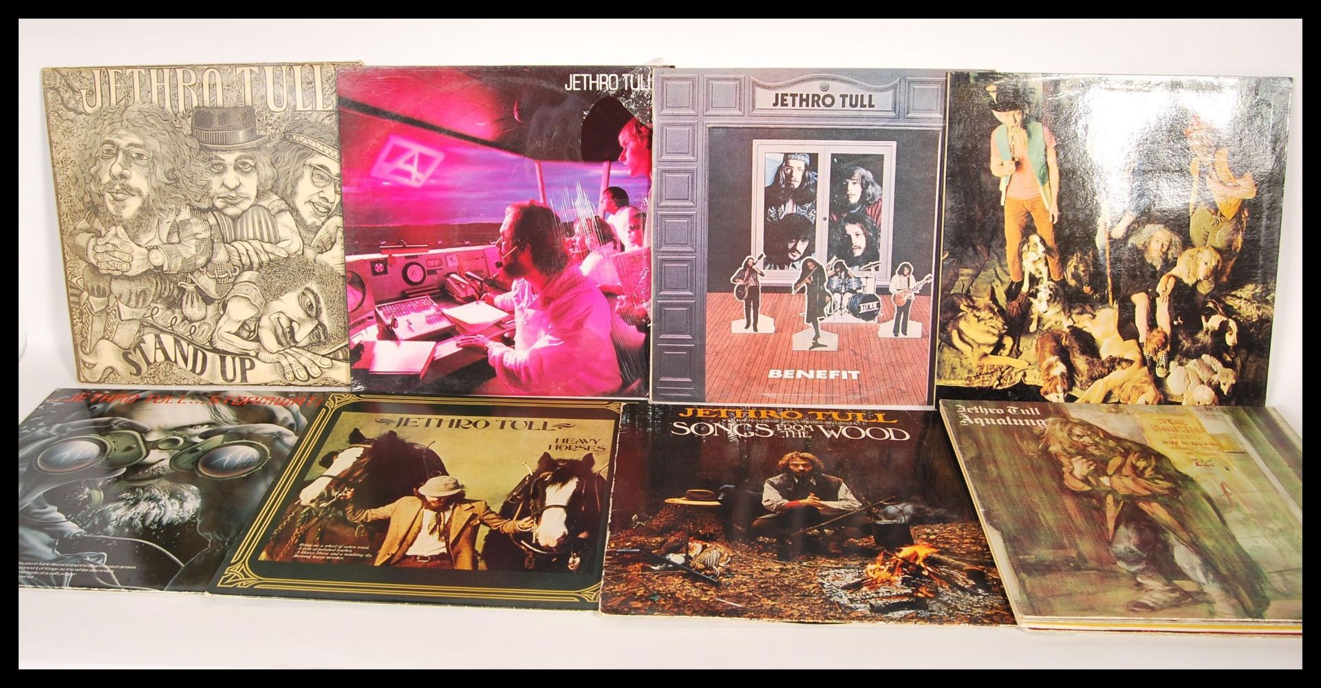 A collection of long play LP vinyl records by Jethro Tull to include Stand Up,  War Child,Too Old To