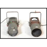 A pair of mid 20th century Strand Electric Theatre Spotlights in an unusual green colourway with