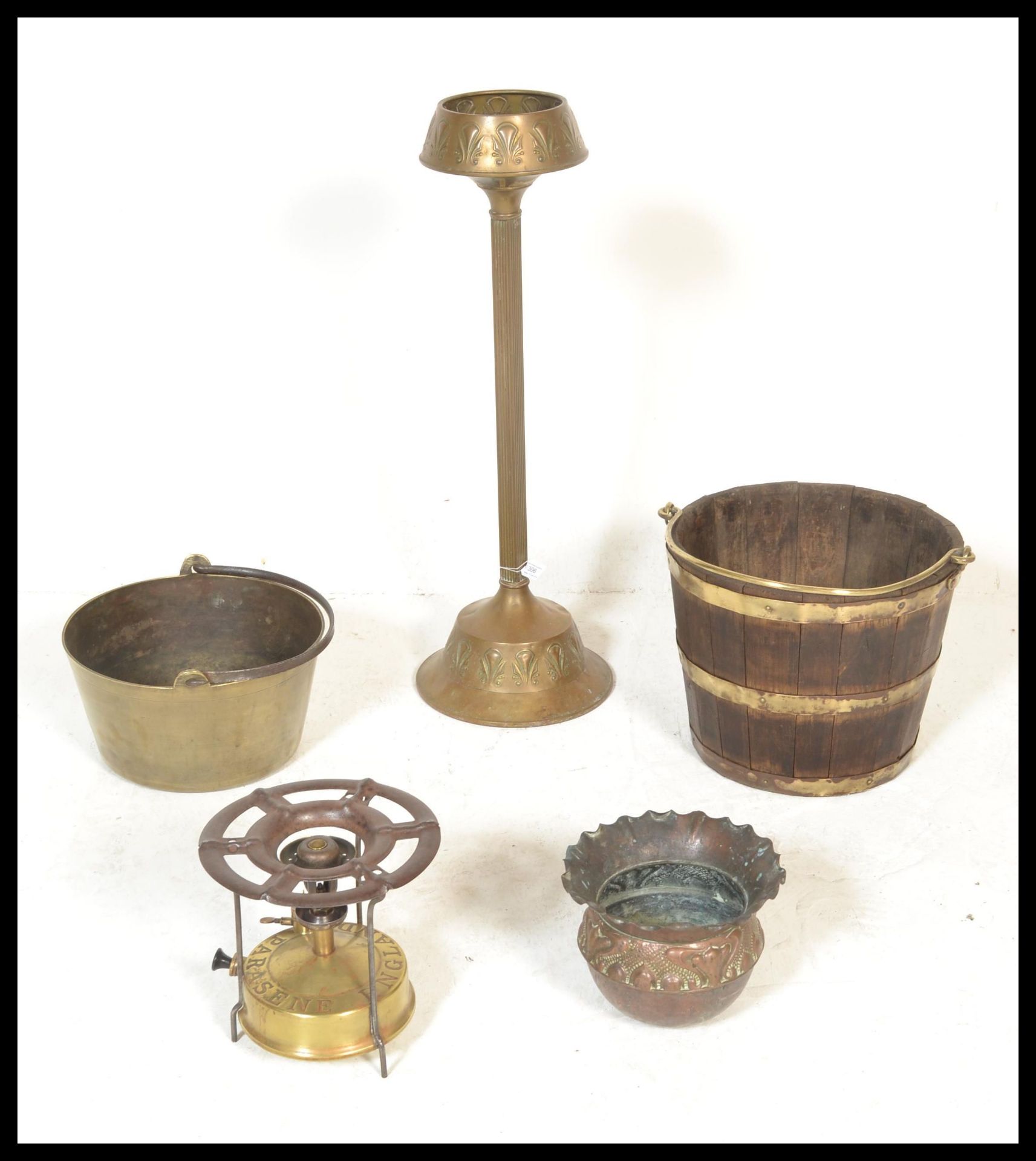 A collection of 20th Century brass and copper wares to include, a copper Art Nouveau planter, a