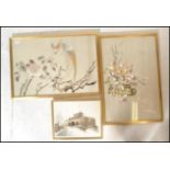 A group of three Chinese framed and glazed silk pictures, the pictures depicting court scenes