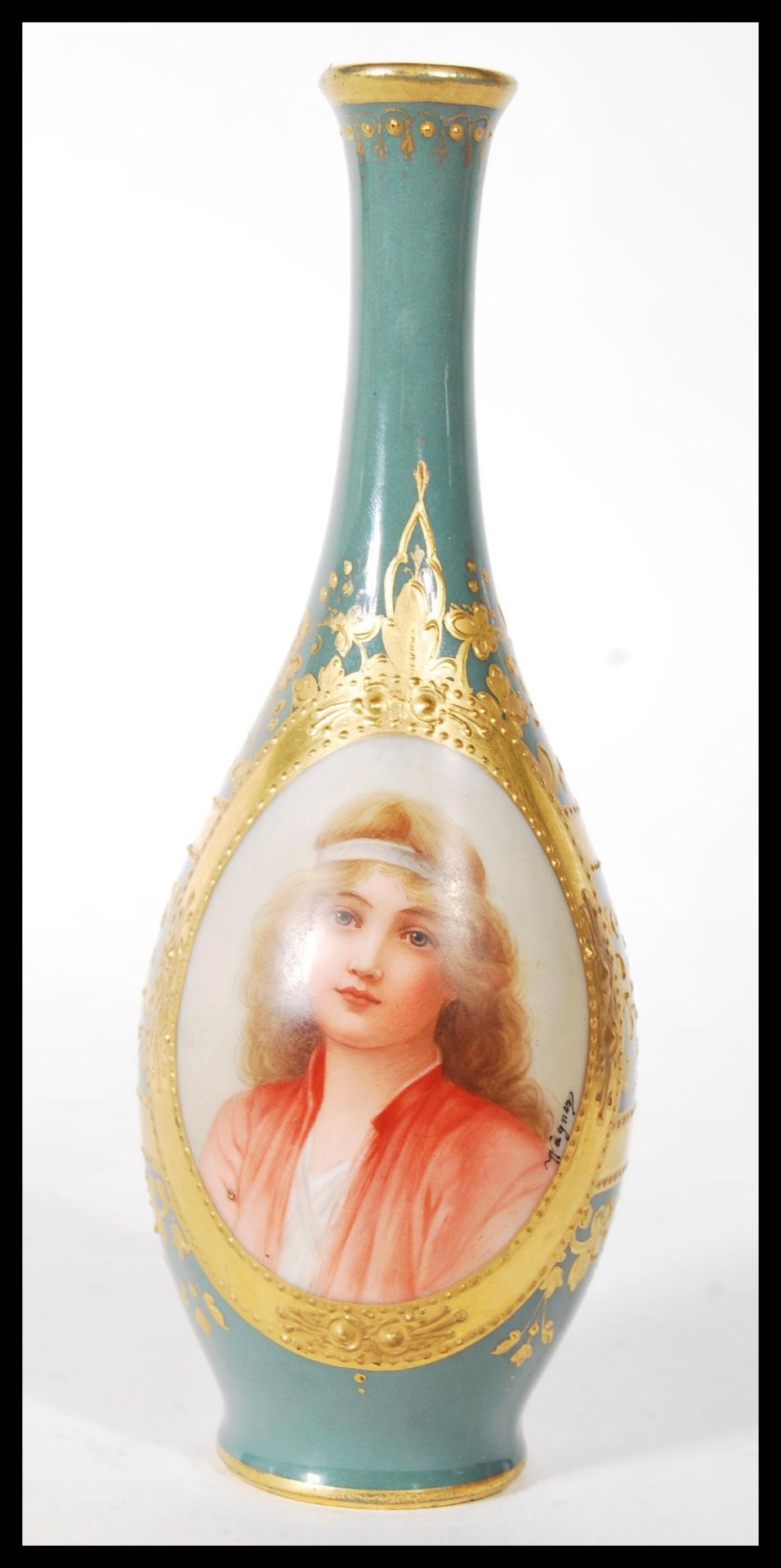 German  porcelain portrait vase in the manner of Royal Vienna, representative of Summer, the