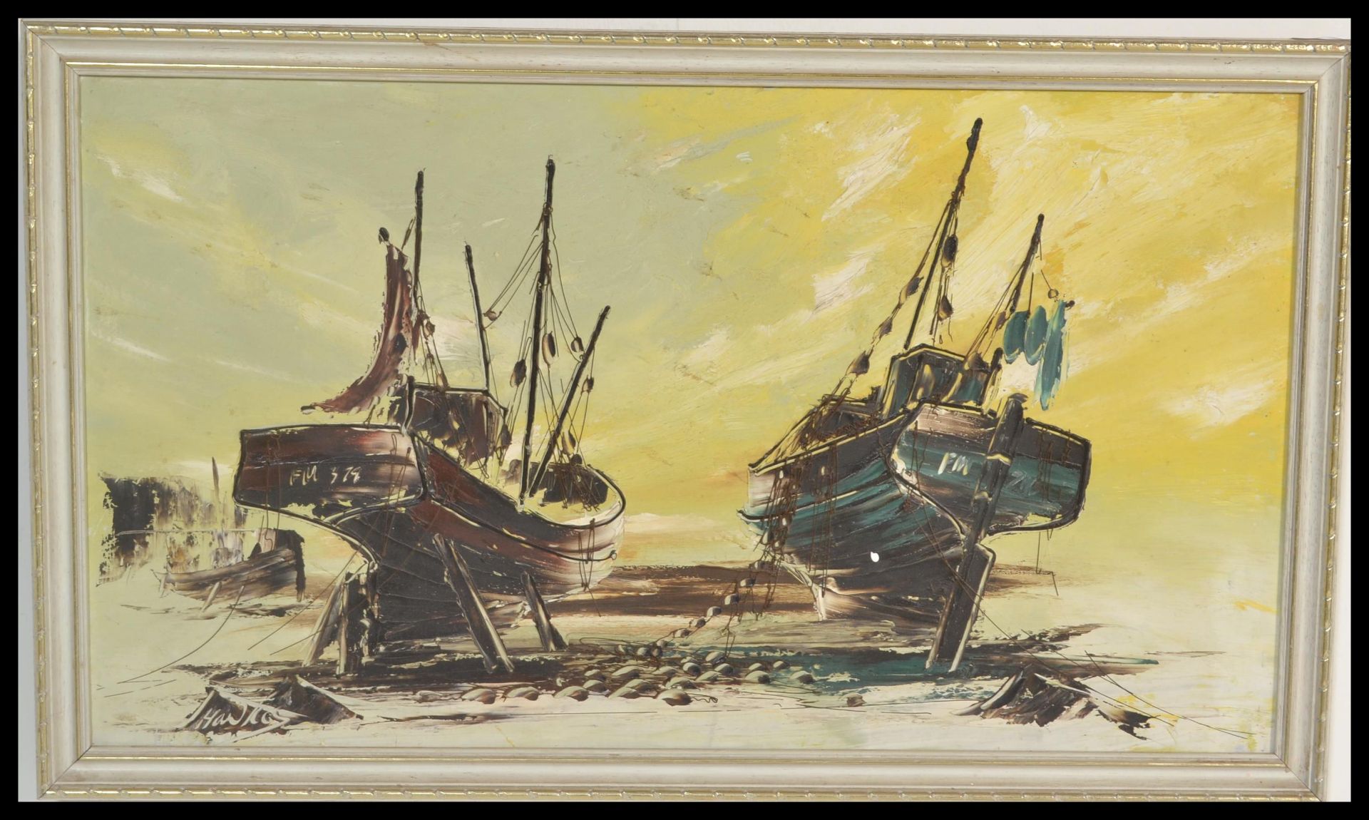 Bill Hawkes Artist - A 1970's oil on canvas Brixham trawlers seascape harbour scene in the