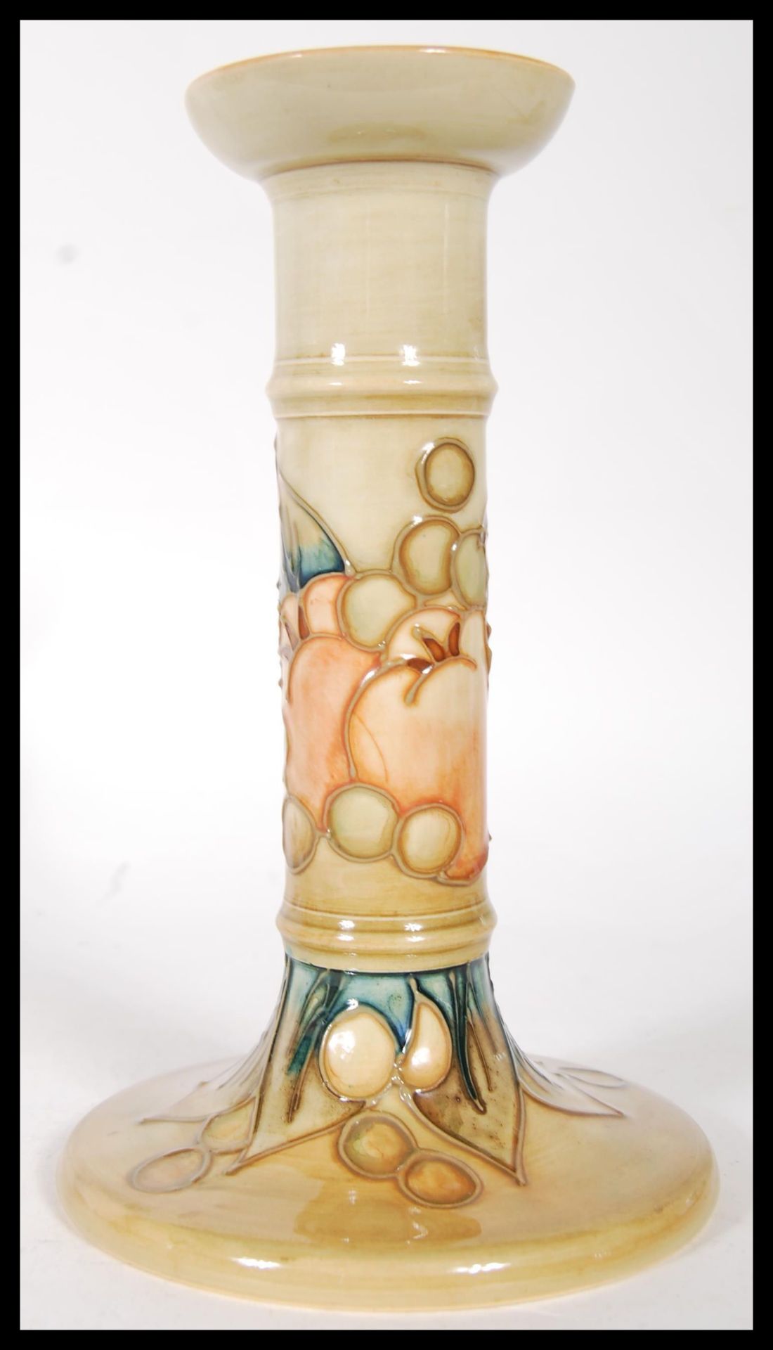 A Moorcroft pottery tube lined pedestal candlestick, decorated with a bird amongst fruit, - Image 2 of 6