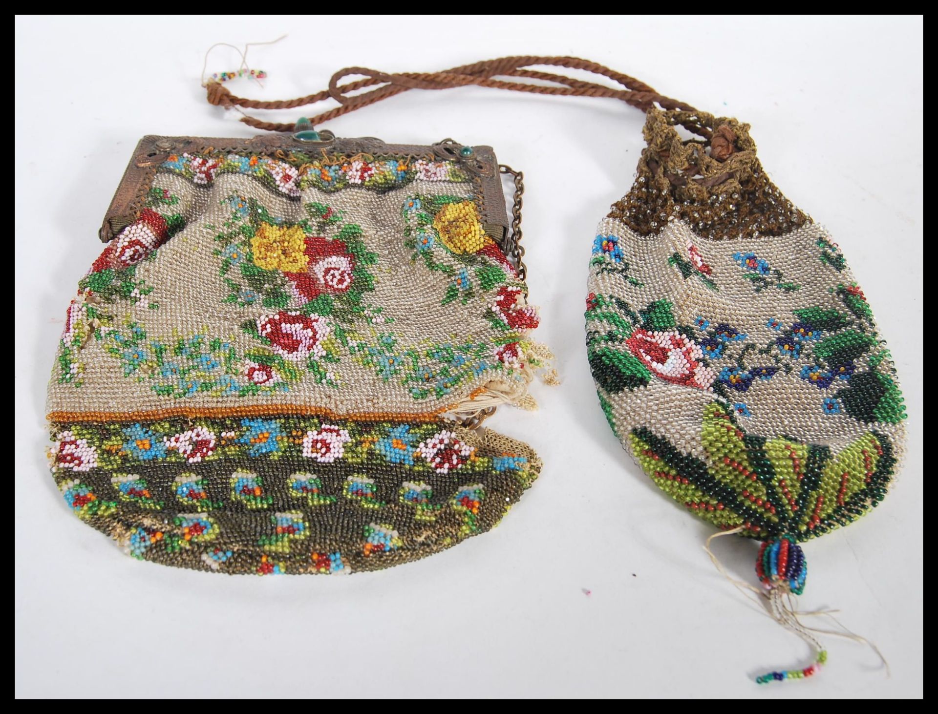 Two 19th Century Victorian beadwork purses, both having multi colour floral decoration. One having - Image 2 of 5