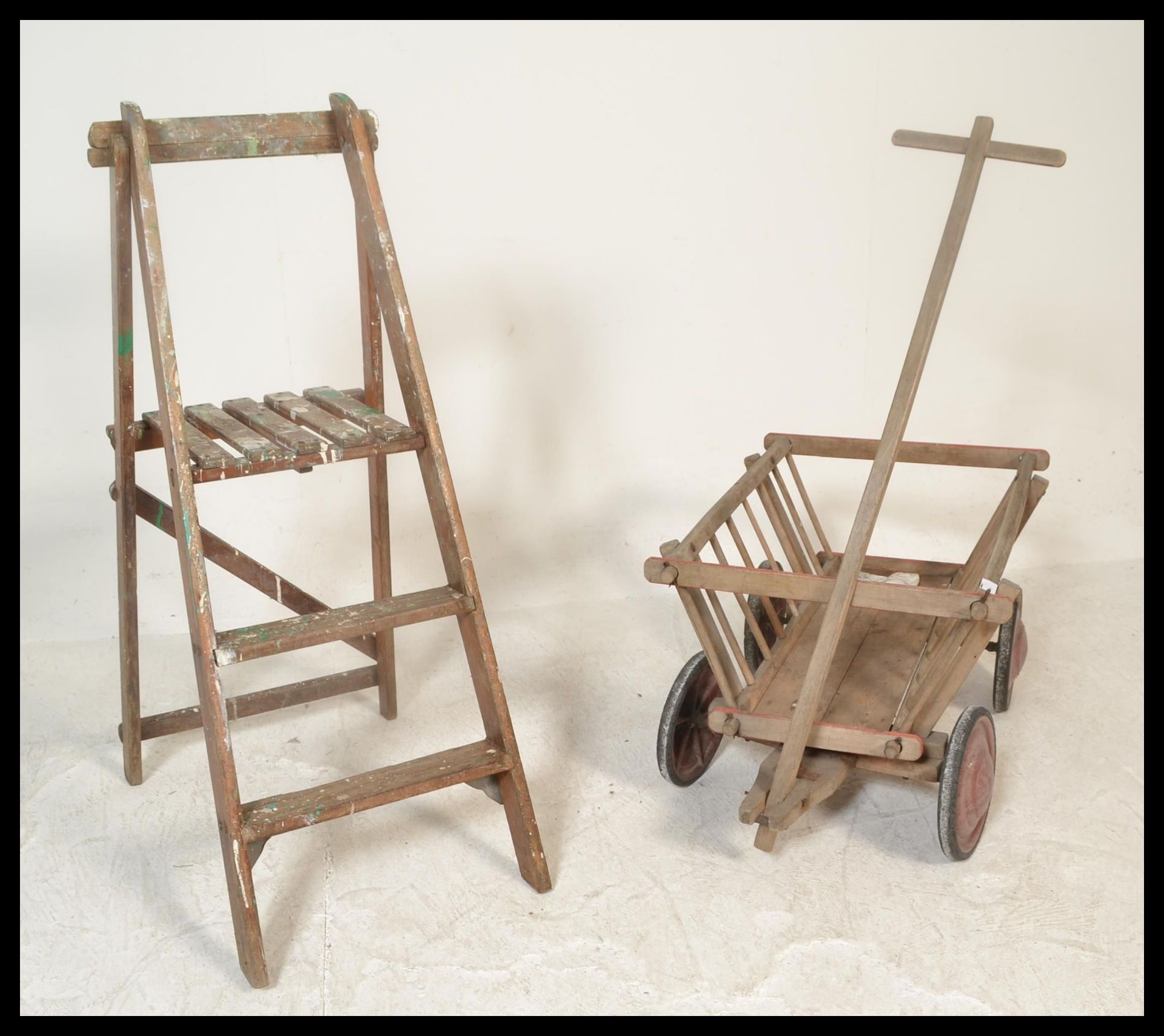 A continental believed 19th century pine children's hay cart. Original wheels with slatted angular