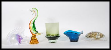 A collection of 20th Century studio glass to include murano duck, a tortoise mottled glass tortoise,