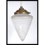 An early 20th Century Edwardian etched glass hall / porch lantern, the glass shade of conical form