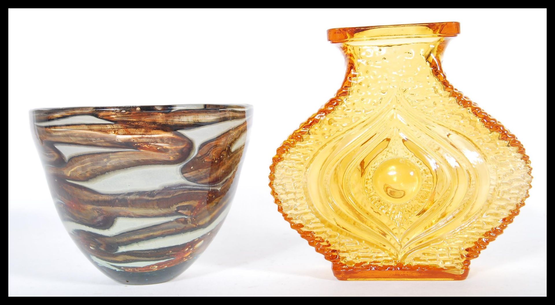 Mdina  Maltese retro vintage studio art glass bowl / vase, the swirls with an unusual gradient amber