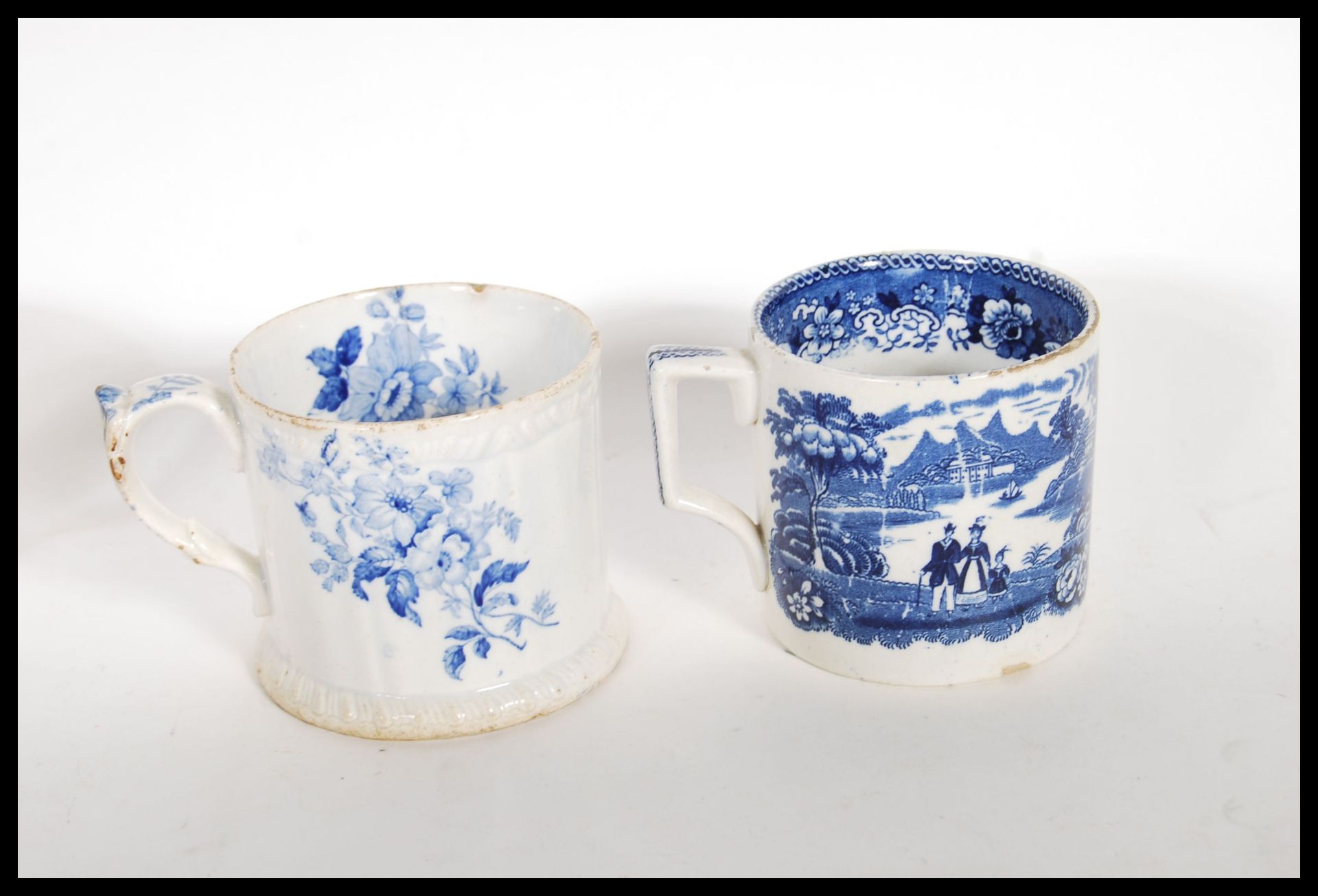A collection of 19th Century Victorian Staffordshire mugs and cups, most having blue and white - Bild 9 aus 13