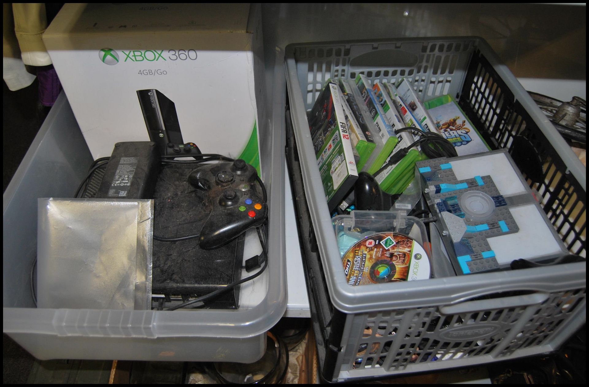 2 Xbox 360 games consoles together with assorted games, loose Skylanders figures and base, Disney