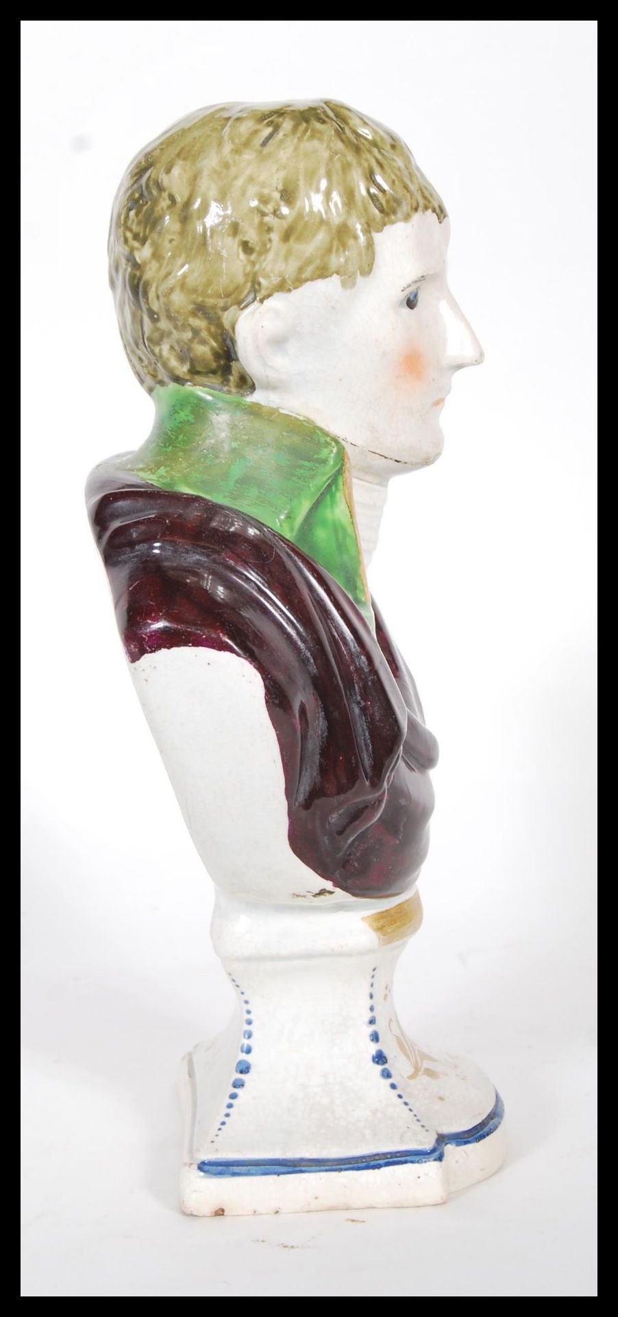 A 19th Century Staffordshire bust of a young gentleman wearing a green coat with a neckerchief and - Bild 2 aus 6