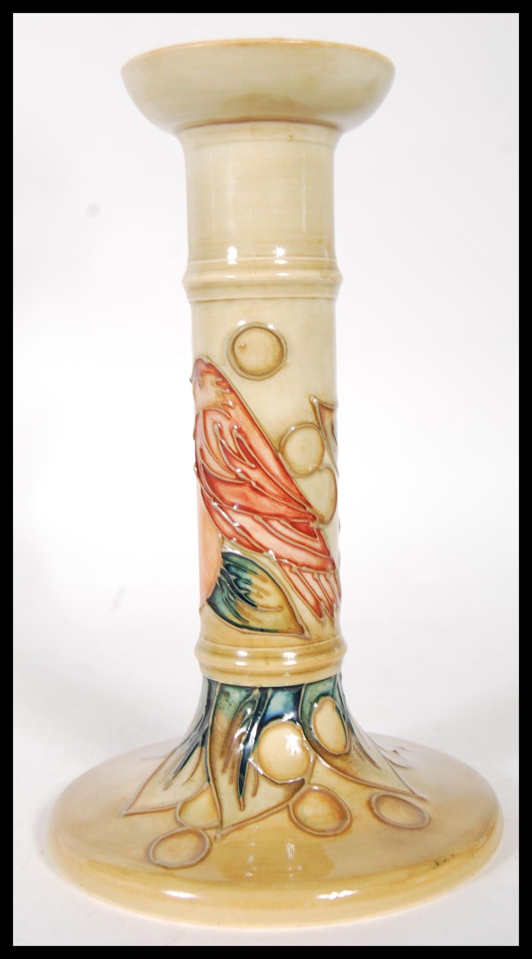 A Moorcroft pottery tube lined pedestal candlestick, decorated with a bird amongst fruit, - Image 4 of 6