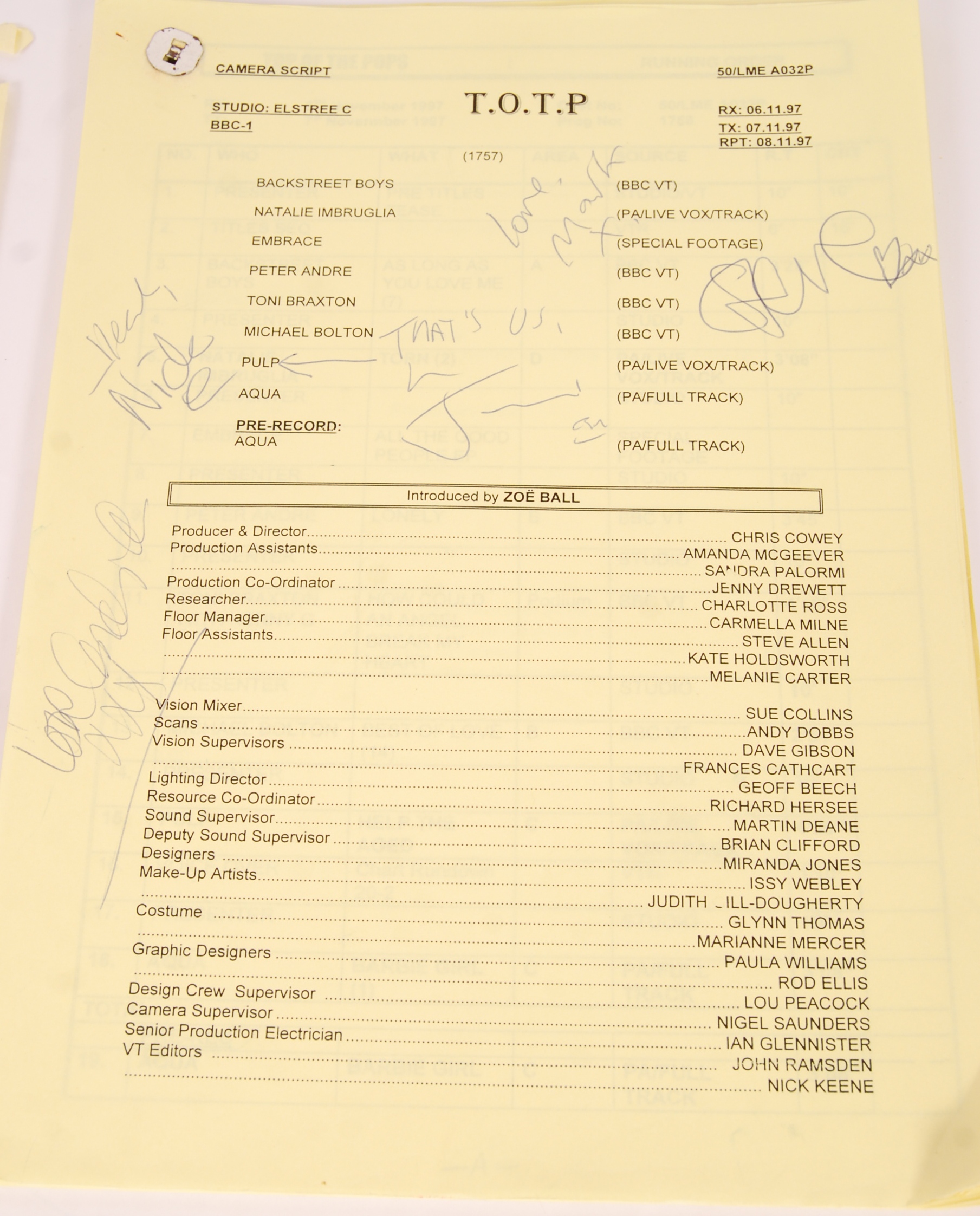 RARE TOP OF THE POPS CHILDREN IN NEED AUTOGRAPHED SCRIPTS - Image 4 of 5