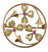 15CT GOLD PERIDOT PEARL AND RUBY ART NOUVEAU BROOC