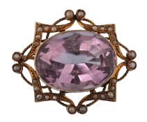 VICTORIAN 9CT GOLD AMETHYST AND SEED PEARL LADIES