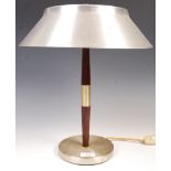 A 1970'S DANISH CHROME AND TEAK TABLE LAMP WITH PENDANT SHADE.