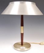 A 1970'S DANISH CHROME AND TEAK TABLE LAMP WITH PENDANT SHADE.