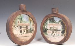 PAIR OF TROIKA STYLE MOON FLASKS DEPICTING PUBS