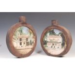 PAIR OF TROIKA STYLE MOON FLASKS DEPICTING PUBS