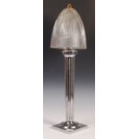STUNNING ART DECO CHROME TABLE LAMP WITH GLASS SHADE.