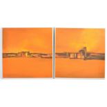 PAIR OF RETRO OIL ON CANVAS SUNBURST LANDSCAPE SCENES.