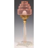 ART DECO 1940'S VINTAGE LUCITE AND PEACH CRACKLE GLASS LAMP