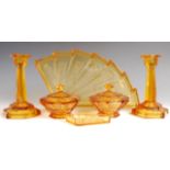 BAGLEY WHITBY PATTERN ART DECO AMBER GLASS VANITY SET