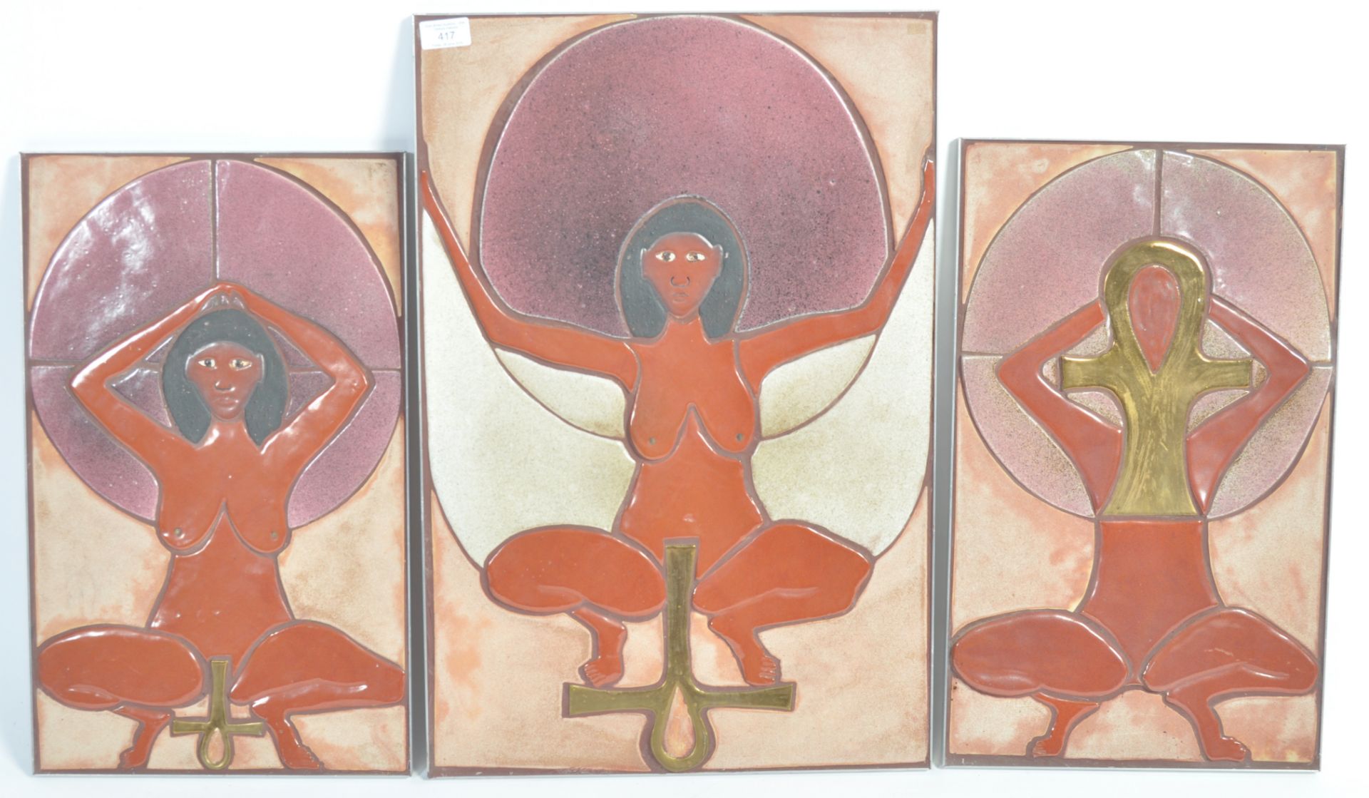 GROUP OF THREE EGYPTIAN INSPIRED TILE WALL ART PANELS.