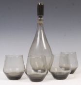 VINTAGE 20TH CENTURY SMOKED GLASS DECANTER AND GLASS DRINKS SET